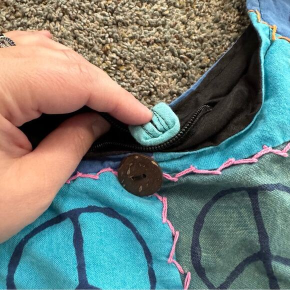 Handmade Hippie Nepal Boho Crossbody Shoulder Bag Purse Blue Peace Signs Zipper - Picture 6 of 12